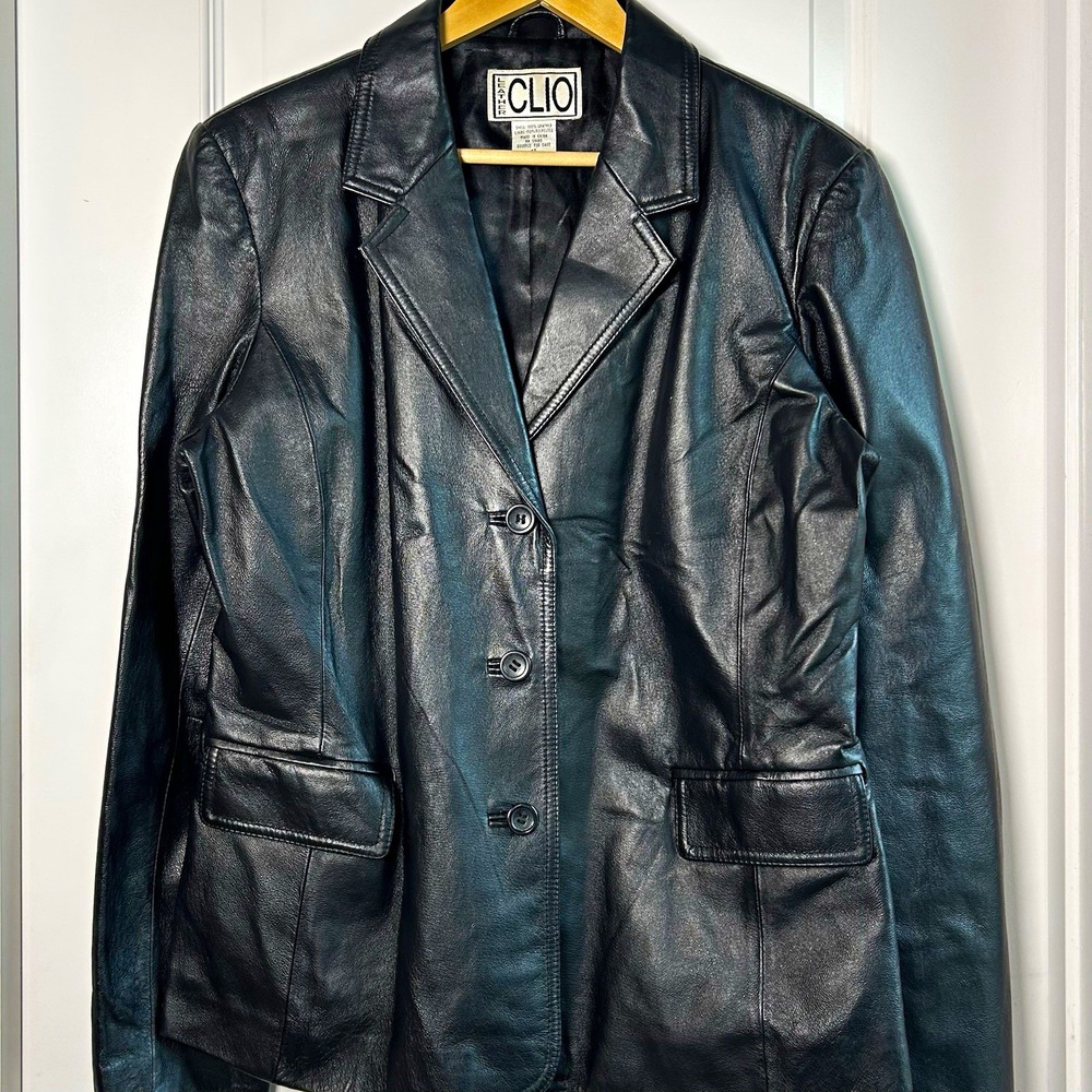 CLIO Vintage 90s Genuine Leather Black Three Button Front Pocket Blazer Jacket